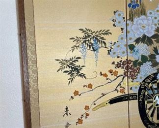 Japanese 4-Panel Silk Screen Flower Cart 36in H x 71in W