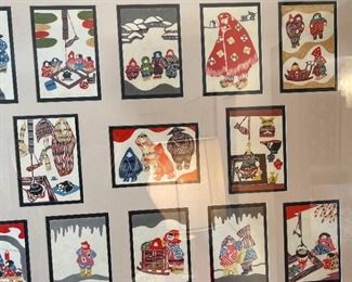 Japanese Block Print Cards Framed & Matted 26x33in