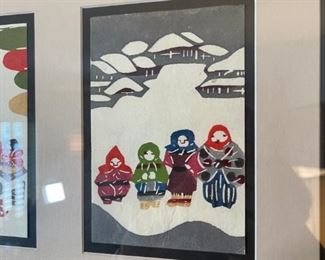 Japanese Block Print Cards Framed & Matted 26x33in