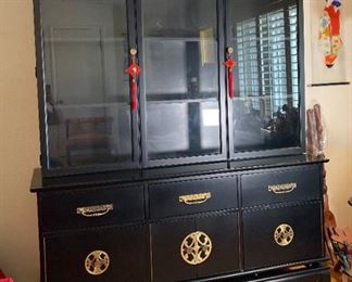VIntage Black Asian China Cabinet Hutch Norman Fox Macgregor For Sam Belz Chinoiserie 75x61x20in HxWxD