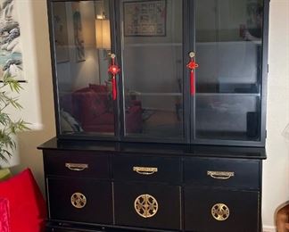 VIntage Black Asian China Cabinet Hutch Norman Fox Macgregor For Sam Belz Chinoiserie 75x61x20in HxWxD