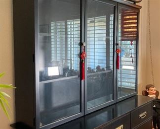 VIntage Black Asian China Cabinet Hutch Norman Fox Macgregor For Sam Belz Chinoiserie 75x61x20in HxWxD