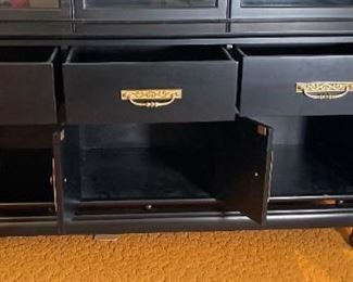 VIntage Black Asian China Cabinet Hutch Norman Fox Macgregor For Sam Belz Chinoiserie 75x61x20in HxWxD