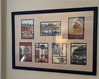 Japanese Block Print 7 Card Framed Matted 19x26in
