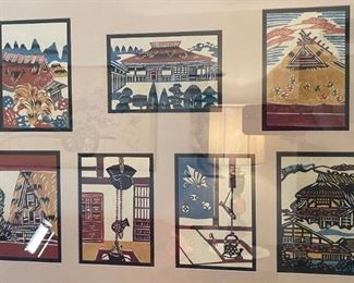 Japanese Block Print 7 Card Framed Matted 19x26in