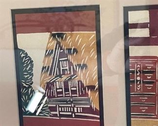 Japanese Block Print 7 Card Framed Matted 19x26in