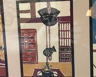 Japanese Block Print 7 Card Framed Matted 19x26in