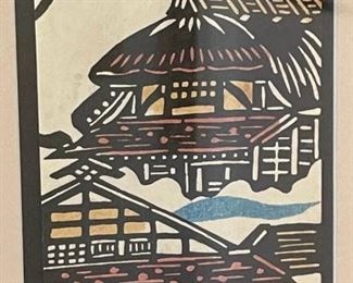 Japanese Block Print 7 Card Framed Matted 19x26in