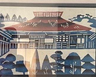 Japanese Block Print 7 Card Framed Matted 19x26in