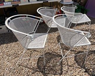 4pc Vintage Barrel Patio Chairs Wrought Iron Mesh Woodard 27x26x25in HxWxD
