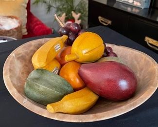 Hand carved stone fruit bowl w/ Wood fruit