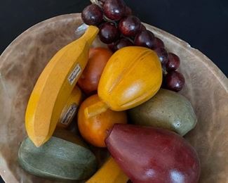 Hand carved stone fruit bowl w/ Wood fruit