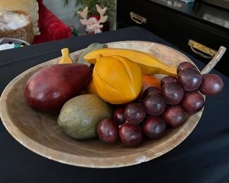 Hand carved stone fruit bowl w/ Wood fruit