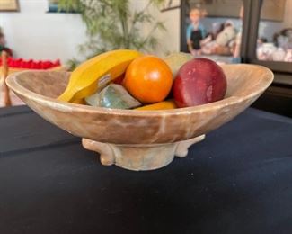 Hand carved stone fruit bowl w/ Wood fruit