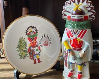 Vintage Ezra Brooks Hopi Kachina Whisky Decanter & Plate Set 1971 The Buffalo Hunt 13.5in Tall