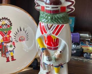 Vintage Ezra Brooks Hopi Kachina Whisky Decanter & Plate Set 1971 The Buffalo Hunt 13.5in Tall