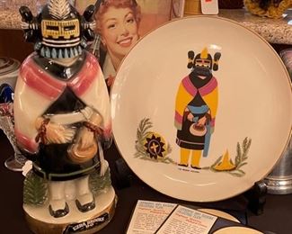 Vintage Ezra Brooks 1975 Hopi Kachina Maiden Whiskey Decanter Bottle Heritage w/ Plate & paper works