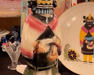 Vintage Ezra Brooks 1975 Hopi Kachina Maiden Whiskey Decanter Bottle Heritage w/ Plate & paper works
