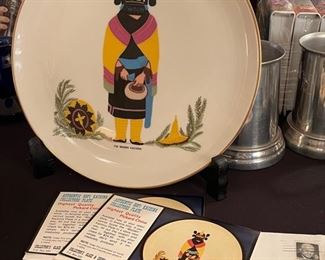 Vintage Ezra Brooks 1975 Hopi Kachina Maiden Whiskey Decanter Bottle Heritage w/ Plate & paper works