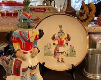 Vintage Ezra Brooks Hummingbird Kachina Liquor Bottle #185 Decanter 1973 RH-40 & Plate set