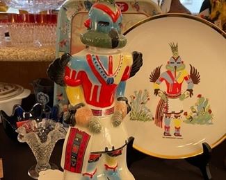 Vintage Ezra Brooks Hummingbird Kachina Liquor Bottle #185 Decanter 1973 RH-40 & Plate set