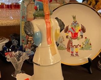 Vintage Ezra Brooks Hummingbird Kachina Liquor Bottle #185 Decanter 1973 RH-40 & Plate set