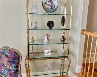 $395 - Brass and glass five shelf etagere.  80"H x 38"W x17"D