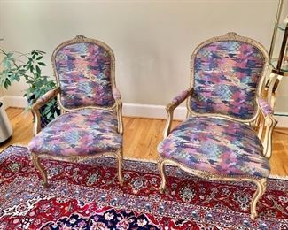 $250 EACH - Louis XV style arm chairs with custom, contemporary upholstery - Three (3) available. 41"H x 27"W x 27"D (seat height 16"H)