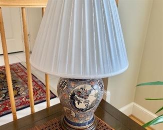 $395 -  Chinese export ginger jar  lamp with dragon motif.  Pleated silk shade; 31"H x 18"D