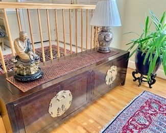 $550 - 20th century Ming style 4-door cabinet with brass accents - Wear consistent with use and age. 24.25"H x 72"W x 21"D - FIGURE ON LEFT IS NOT FOR SALE