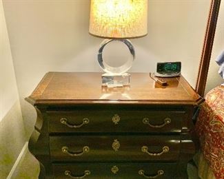 $350 EACH: Century three drawer bombe style night chests. Two available; 31.5"H x 42"W x 20"D