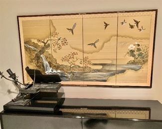 $250 - Japanese silk four panel screen  (sculpture not for sale) 36"H x 66"W