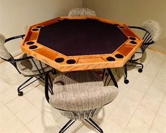 $300 - Octagonal game table (with cover) and four chairs.   Metal upholstered adjustable height (and tilt) chairs on castors.  Table: 29.5"H x 52"D.   Chair: 31"H (at lowest setting) x 22"W x 24"D (seat height at lowest 18"H)