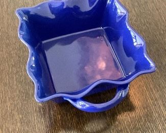 $24 - BIA cobalt blue small glazed serving dish with handles. 3"H x 7.25"W x 7.25"D