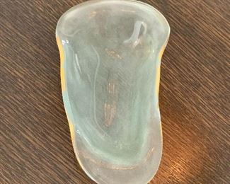 $24 - Frosted "oyster" glass dish.  Wear on gold trim.  7"L x 4"W