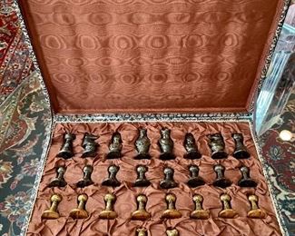 $185 - Italian Chess set in box- Metal pieces and Chess Board: 4"H x 14.25" x 14.25" Made in Italy.  Board as is.