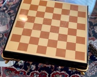 Detail; Inlaid Chess Board with brass accents: 4"H x 14.25" x 14.25" Made in Italy.  As is; top has cracks
