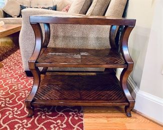 $225 - Drexel Heritage tiered side table - medium antique brown finish - 26"H x 19"W x 27.5"D