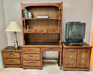 $600 - Three piece  set:  #1 - Young Hinkle  "Ships Ahoy" wood and black laminate top desk with detachable wood hutch. Desk and hutch: 77"H x 46"W x 18"D (hutch is 47"H x 10"D). #2 -  two drawer wood nightstand with black laminate top: 23.5"H x 25"W x 16"D. #3 - Two door wood cabinet with black laminate top:  30"H x 30"W x 18:D  