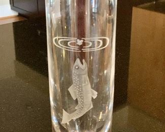 $30 - Bud vase with etched fish motif. 10"H x 3"D 