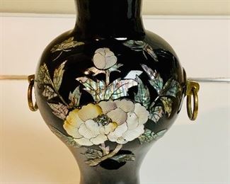 $40 - Vintage black lacquer inlaid Chinoiserie vase; 11:H x 7"D