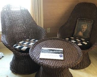 Lovely Rattan Set of Two Chairs w/Table