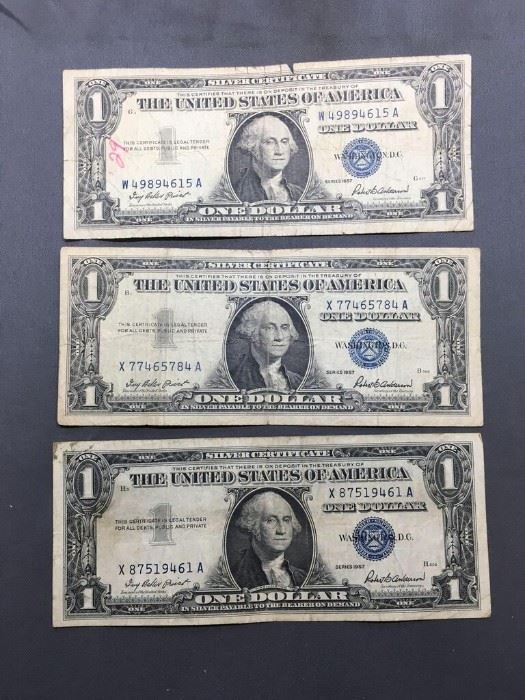 3 Count Lot of 1957 United States Washington $1 Silver Certificates Bill Currency Notes