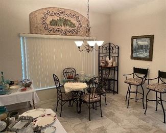 Wrought iron/Glass top kitchen/breakfast table and Chairs, Nice wrought iron bar chairs