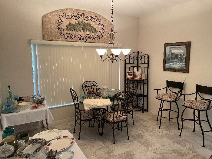Wrought iron/Glass top kitchen/breakfast table and Chairs, Nice wrought iron bar chairs