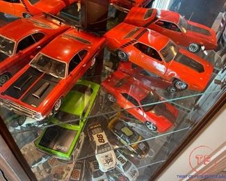 LARGE Die Cast Collection of Muscle and Nascar Cars in Lighted Corner Display Cabinet