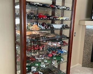 LARGE Collection of Die Cast Collectible Cars, Trucks, and Tractors in LARGE Lighted Sliding Front Display Cabinet / Case