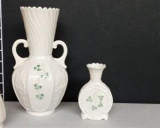 Belleek shamrock vases with salt and pepper shakers