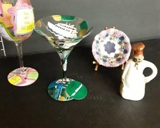 2Hand Painted Drinking Glasses by Artist Lolita Yancey. Also Takahashi Bell and A Glass Bowl with Stand