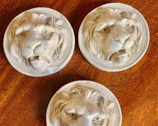 $45 - Set of three lion head bas-relief medallions. 3.5"D x 2" deep